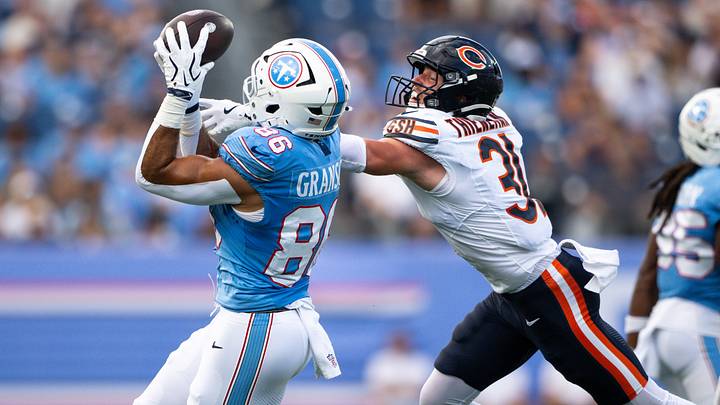 Titans tight end Kylen Granson makes a catch over the arms of Bears safety Dillon Thieneman in the final preseason game. Titans tight end Kylen Granson makes a catch over the arms of Bears safety Dillon Thieneman in the final preseason game.