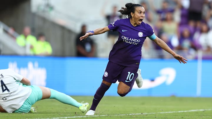 Orlando Pride forward Marta (10) celebrates after scoring a goal against the Kansas City Current in a NWSL playoff semifinal match at Inter&Co Stadium 