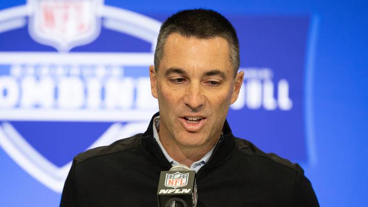 Feb 27, 2024; Indianapolis, IN, USA; Las Vegas Raiders general manager Tom Telesco talks to the media at the 2024 NFL Combine at Indiana Convention Center. Mandatory Credit: Trevor Ruszkowski-USA TODAY Sports Feb 27, 2024; Indianapolis, IN, USA; Las Vegas Raiders general manager Tom Telesco talks to the media at the 2024 NFL Combine at Indiana Convention Center. Mandatory Credit: Trevor Ruszkowski-USA TODAY Sports