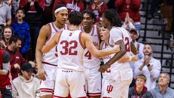 Dec 19, 2023; Bloomington, Indiana, USA; Indiana Hoosiers forward Anthony Walker (4) celebrates a