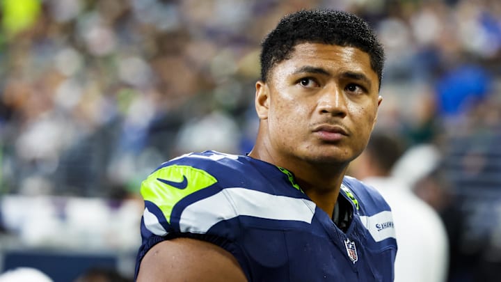 Aug 24, 2024; Seattle, Washington, USA; Seattle Seahawks offensive tackle Sataoa Laumea (63) stands on the sideline during the first quarter against the Cleveland Browns at Lumen Field. Mandatory Credit: Joe Nicholson-Imagn Images Aug 24, 2024; Seattle, Washington, USA; Seattle Seahawks offensive tackle Sataoa Laumea (63) stands on the sideline during the first quarter against the Cleveland Browns at Lumen Field. Mandatory Credit: Joe Nicholson-Imagn Images