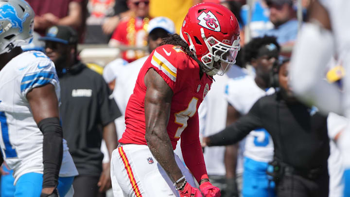 Aug 17, 2024; Kansas City, Missouri, USA; Kansas City Chiefs wide receiver Rashee Rice (4) celebrates after a play against the Detroit Lions during the first half at GEHA Field at Arrowhead Stadium. Mandatory Credit: Denny Medley-Imagn Images Aug 17, 2024; Kansas City, Missouri, USA; Kansas City Chiefs wide receiver Rashee Rice (4) celebrates after a play against the Detroit Lions during the first half at GEHA Field at Arrowhead Stadium. Mandatory Credit: Denny Medley-Imagn Images