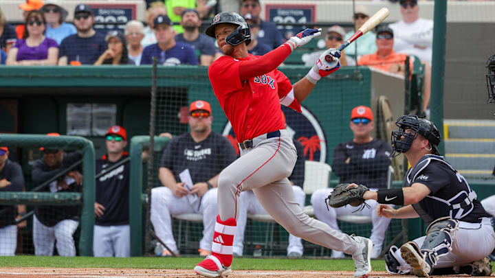 Feb 27, 2025; Lakeland, Florida, USA; Boston Red Sox second baseman Kristian Campbell (28) bats during the first inning against the Detroit Tigers at Publix Field at Joker Marchant Stadium. Mandatory Credit: Mike Watters-Imagn Images