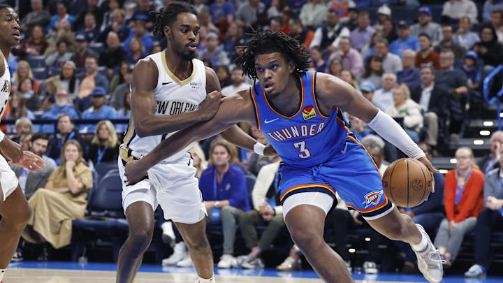 Nov 13, 2024; Oklahoma City, Oklahoma, USA; Oklahoma City Thunder forward Dillon Jones (3) drives to the basket  during the second quarter at Paycom Center. Mandatory Credit: Alonzo Adams-Imagn Images