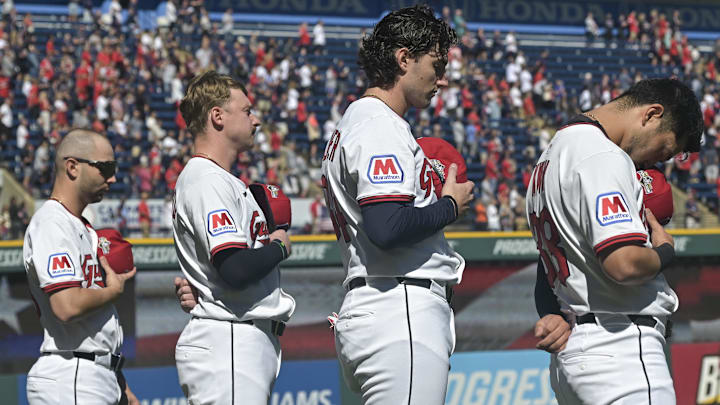 Oct 1, 2025: Cleveland Guardians first base C.J. Kayfus (63), first base Kyle Manzardo (9), center fielder Chase DeLauter (34), and outfielder Steven Kwan (38) stand for the national anthem before game two of the Wildcard round for the 2025 MLB playoffs against the Detroit Tigers at Progressive Field. Oct 1, 2025: Cleveland Guardians first base C.J. Kayfus (63), first base Kyle Manzardo (9), center fielder Chase DeLauter (34), and outfielder Steven Kwan (38) stand for the national anthem before game two of the Wildcard round for the 2025 MLB playoffs against the Detroit Tigers at Progressive Field.