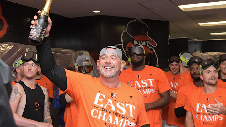 Brandon Hyde celebrates the Orioles division championship