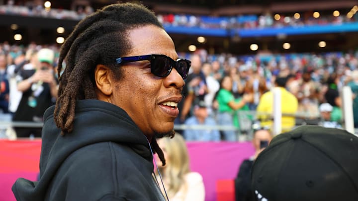 Feb 12, 2023; Glendale, Arizona, US; Recording artist Jay-Z looks on from the sidelines before Super