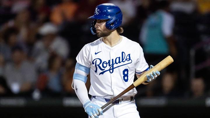 Nov 9, 2025; Mesa, AZ, USA; Kansas City Royals catcher Blake Mitchell (8) during the Arizona Fall League Fall Stars Game at Sloan Park. Mandatory Credit: Mark J. Rebilas-Imagn Images