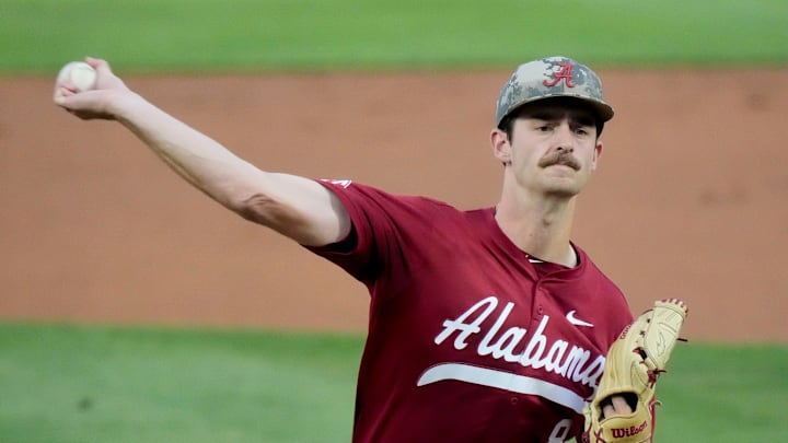 Apr 24, 2025; Tuscaloosa, AL, USA; Alabama pitcher Tyler Fay (8) pitches against Missouri at Sewell-Thomas Stadium.