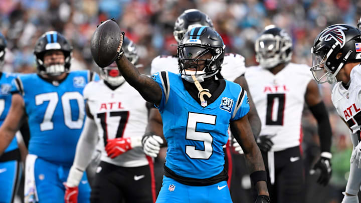 Oct 13, 2024; Charlotte, North Carolina, USA; Carolina Panthers wide receiver Diontae Johnson (5) reacts after making a catch in the second quarter at Bank of America Stadium. Mandatory Credit: Bob Donnan-Imagn Images
