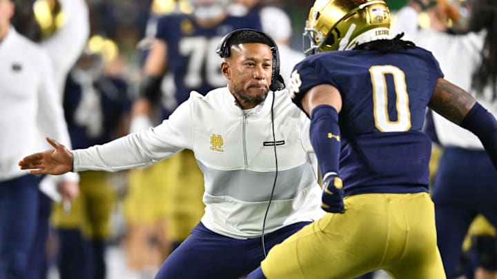 Oct 14, 2023; South Bend, Indiana, USA; Notre Dame Fighting Irish head coach Marcus Freeman