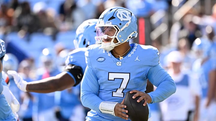 Oct 25, 2025; Chapel Hill, North Carolina, USA; North Carolina Tar Heels quarterback Gio Lopez (7) looks to pass in the first quarter at Kenan Stadium. Mandatory Credit: Bob Donnan-Imagn Images Oct 25, 2025; Chapel Hill, North Carolina, USA; North Carolina Tar Heels quarterback Gio Lopez (7) looks to pass in the first quarter at Kenan Stadium. Mandatory Credit: Bob Donnan-Imagn Images