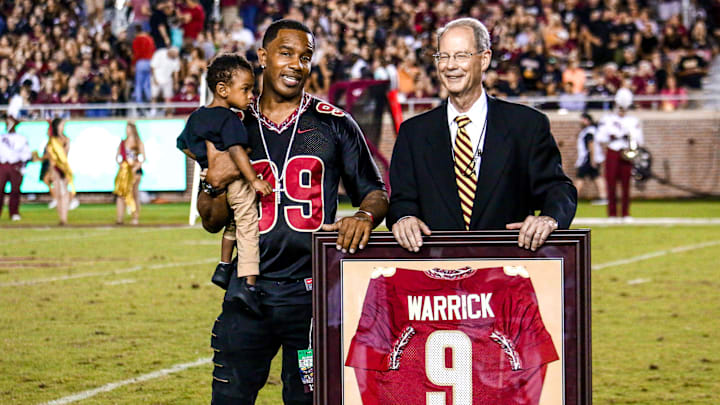 At halftime against Virginia Tech, Legendary FSU Wide Receiver, Peter Warrick, had his infamous #9 jersey retired. Warrick had an exceptional career at FSU and would eventually take his talents to the NFL. Fans erupted in celebration, commemorating the legacy he left at FSU.

Fsv Fsufootballvsvt Mm 090318 13 Of 15
