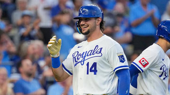 Jun 9, 2026; Kansas City, Missouri, USA; Kansas City Royals right fielder Jac Caglianone (14) celebrates after hitting a two run home run against the Texas Rangers during the sixth inning at Kauffman Stadium. Mandatory Credit: Denny Medley-Imagn Images Jun 9, 2026; Kansas City, Missouri, USA; Kansas City Royals right fielder Jac Caglianone (14) celebrates after hitting a two run home run against the Texas Rangers during the sixth inning at Kauffman Stadium. Mandatory Credit: Denny Medley-Imagn Images