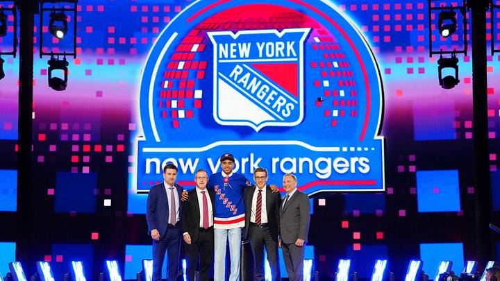 Jun 28, 2024; Las Vegas, Nevada, USA; Eric (EJ) Emery is selected by the New York Rangers with the 30th overall pick in the first round of the 2024 NHL Draft at The Sphere. Mandatory Credit: Stephen R. Sylvanie-Imagn Images Jun 28, 2024; Las Vegas, Nevada, USA; Eric (EJ) Emery is selected by the New York Rangers with the 30th overall pick in the first round of the 2024 NHL Draft at The Sphere. Mandatory Credit: Stephen R. Sylvanie-Imagn Images