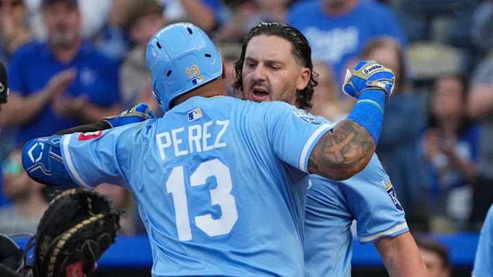 Sep 6, 2025; Kansas City, Missouri, USA; Kansas City Royals catcher Salvador Perez (13) celebrates with first baseman Vinnie Pasquantino (9) after hitting a three run home run against the Minnesota Twins during the first inning at Kauffman Stadium. Mandatory Credit: Denny Medley-Imagn Images