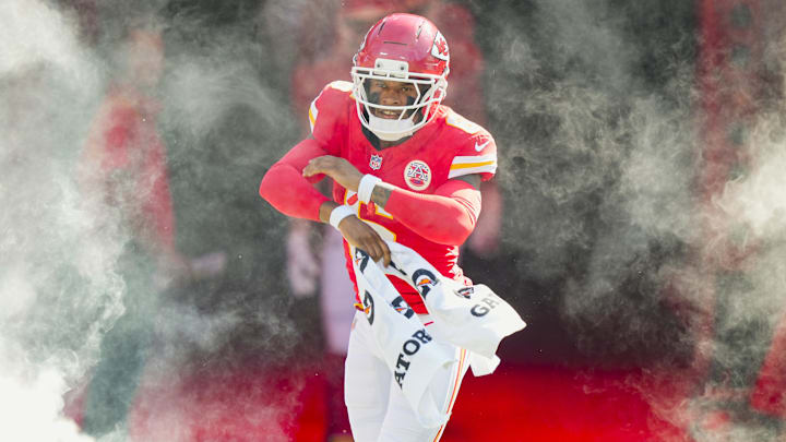 Sep 28, 2025; Kansas City, Missouri, USA; Kansas City Chiefs safety Bryan Cook (6) takes the field prior to a game against the Baltimore Ravens at GEHA Field at Arrowhead Stadium. Mandatory Credit: Jay Biggerstaff-Imagn Images
