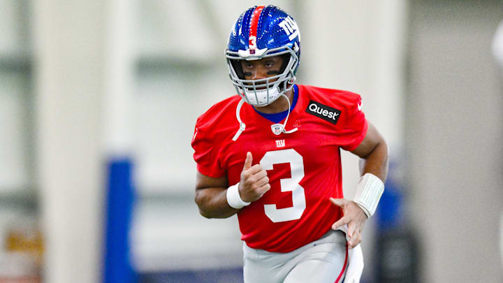 Jun 18, 2025; East Rutherford, NJ, USA; New York Giants quarterback Russell Wilson (3) warms up during minicamp at Quest Diagnostics Training Center. Mandatory Credit: John Jones-Imagn Images Jun 18, 2025; East Rutherford, NJ, USA; New York Giants quarterback Russell Wilson (3) warms up during minicamp at Quest Diagnostics Training Center. Mandatory Credit: John Jones-Imagn Images