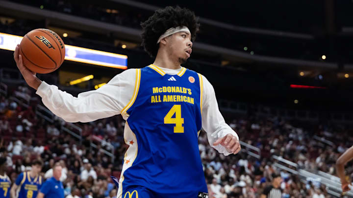 Mar 31, 2026; Glendale, AZ, USA; Tyran Stokes (4) during the McDonalds All American Boys Game at Desert Diamond Arena. Mandatory Credit: Mark J. Rebilas-Imagn Images Mar 31, 2026; Glendale, AZ, USA; Tyran Stokes (4) during the McDonalds All American Boys Game at Desert Diamond Arena. Mandatory Credit: Mark J. Rebilas-Imagn Images