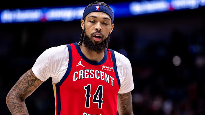 Nov 4, 2024; New Orleans, Louisiana, USA;  New Orleans Pelicans forward Brandon Ingram (14) looks on against the Portland Trail Blazers during the second half at Smoothie King Center. Mandatory Credit: Stephen Lew-Imagn Images
