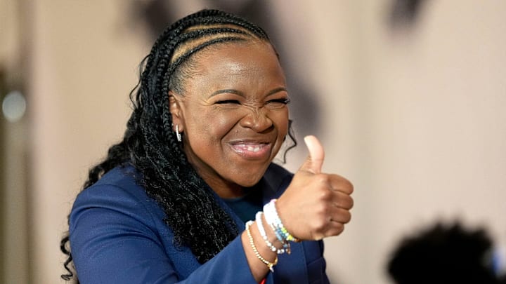 Ole Miss head coach Yolett McPhee-McCuin gives a thumbs up as she comes on set for an interview during SEC Media Day at the Grand Bohemian Hotel in Mountain Brook Tuesday, Oct. 16, 2024.