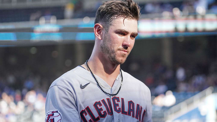 Jul 9, 2022; Kansas City, Missouri, USA; Cleveland Guardians right fielder Nolan Jones (33) returns to the dugout against the Kansas City Royals during the game at Kauffman Stadium. Mandatory Credit: Denny Medley-Imagn Images Jul 9, 2022; Kansas City, Missouri, USA; Cleveland Guardians right fielder Nolan Jones (33) returns to the dugout against the Kansas City Royals during the game at Kauffman Stadium. Mandatory Credit: Denny Medley-Imagn Images