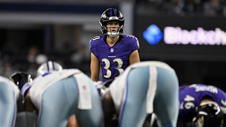 Aug 16, 2025; Arlington, Texas, USA; Baltimore Ravens place kicker Tyler Loop (33) lines up to kick a field goal against the Dallas Cowboys during the second quarter at AT&T Stadium. Mandatory Credit: Jerome Miron-Imagn Images