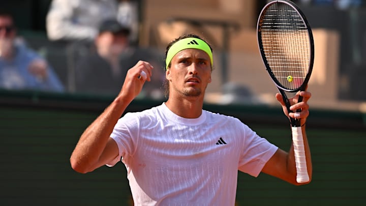 Alexander Zverev reacts during his first round match at the Monaco Tennis Rolex Masters in Monte Carlo, on April, 8, 2025. Alexander Zverev reacts during his first round match at the Monaco Tennis Rolex Masters in Monte Carlo, on April, 8, 2025.