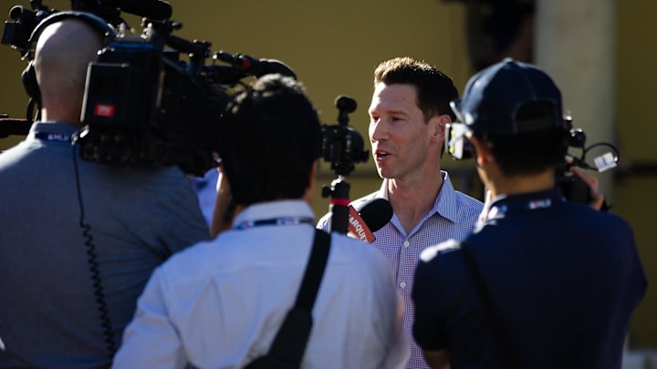Nov 7, 2023; Scottsdale, AZ, USA; Boston Red Six chief baseball officer Craig Breslow speaks to the
