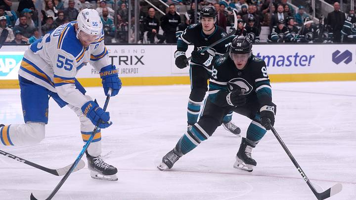 Mar 30, 2026; San Jose, California, USA; St. Louis Blues defenseman Colton Parayko (55) makes a pass while defended by San Jose Sharks left wing Igor Chernyshov (92) and center Michael Misa (77) in the second period at SAP Center at San Jose. Mandatory Credit: David Gonzales-Imagn Images Mar 30, 2026; San Jose, California, USA; St. Louis Blues defenseman Colton Parayko (55) makes a pass while defended by San Jose Sharks left wing Igor Chernyshov (92) and center Michael Misa (77) in the second period at SAP Center at San Jose. Mandatory Credit: David Gonzales-Imagn Images