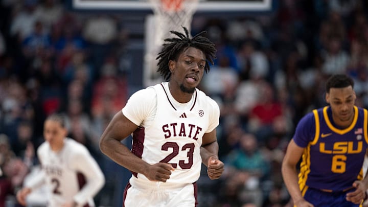 Mississippi State Bulldogs center Michael Nwoko (23) heads up court after a basket against the LSU Tigers during their first round game of the SEC Men's Basketball Tournament at Bridgestone Arena in Nashville, Tenn., Wednesday, March 12, 2025.