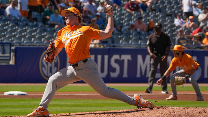 May 22, 2025; Hoover, AL, USA; Tennessee pitcher Liam Doyle (12) pitches against Texas in the third round of the SEC Baseball Tournament at the Hoover Met. May 22, 2025; Hoover, AL, USA; Tennessee pitcher Liam Doyle (12) pitches against Texas in the third round of the SEC Baseball Tournament at the Hoover Met.