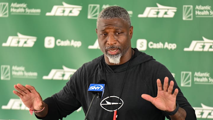 Jul 23, 2025; Florham Park, NY, USA; New York Jets head coach Aaron Glenn speaks at a press conference during training camp at Atlantic Health Jets Training Center. Mandatory Credit: John Jones-Imagn Images