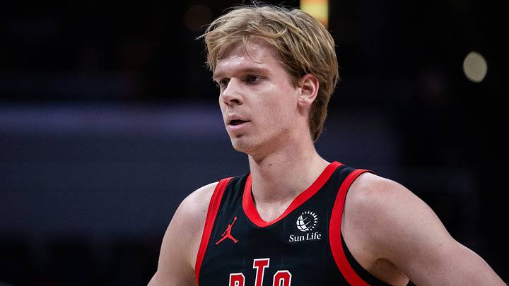 Jan 14, 2026; Indianapolis, Indiana, USA;Toronto Raptors guard/forward Gradey Dick (1) in the first half against the Indiana Pacers at Gainbridge Fieldhouse. Mandatory Credit: Trevor Ruszkowski-Imagn Images