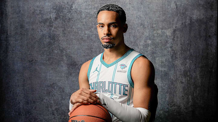 Oct 2, 2023; Charlotte, North Carolina, USA;  Charlotte Hornets Amari Bailey (10) poses for a photo during Charlotte Hornets Media Day at the Spectrum Center. Mandatory Credit: Jim Dedmon-Imagn Images