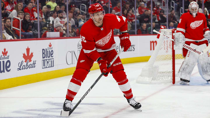 Detroit Red Wings defenseman Jeff Petry (46) handles the puck behind the net.