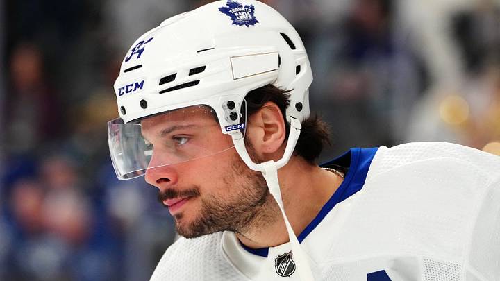 Feb 22, 2024; Las Vegas, Nevada, USA; Toronto Maple Leafs center Auston Matthews (34) warms up before a game against the Vegas Golden Knights at T-Mobile Arena. Mandatory Credit: Stephen R. Sylvanie-USA TODAY Sports Feb 22, 2024; Las Vegas, Nevada, USA; Toronto Maple Leafs center Auston Matthews (34) warms up before a game against the Vegas Golden Knights at T-Mobile Arena. Mandatory Credit: Stephen R. Sylvanie-USA TODAY Sports