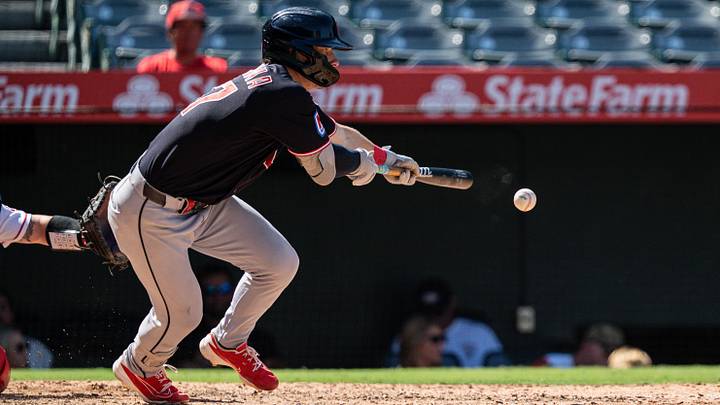 Aug 26, 2026; Anaheim, California, USA; Cleveland Guardians second baseman Travis Bazzana (37) bunts in the eighth inning against the Los Angeles Angels at Angel Stadium. Mandatory Credit: Jon Endow-Imagn Images Aug 26, 2026; Anaheim, California, USA; Cleveland Guardians second baseman Travis Bazzana (37) bunts in the eighth inning against the Los Angeles Angels at Angel Stadium. Mandatory Credit: Jon Endow-Imagn Images