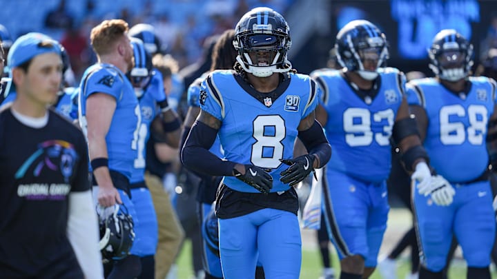 Oct 13, 2024; Charlotte, North Carolina, USA; Carolina Panthers cornerback Jaycee Horn (8) during the first quarter against the Atlanta Falcons at Bank of America Stadium. Mandatory Credit: Jim Dedmon-Imagn Images Oct 13, 2024; Charlotte, North Carolina, USA; Carolina Panthers cornerback Jaycee Horn (8) during the first quarter against the Atlanta Falcons at Bank of America Stadium. Mandatory Credit: Jim Dedmon-Imagn Images