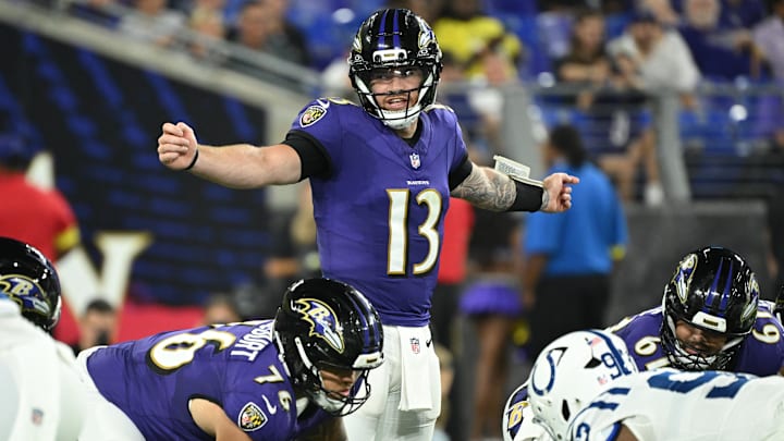 Aug 7, 2025; Baltimore, Maryland, USA; Baltimore Ravens quarterback Devin Leary (13) signals at the line of scrimmage against the Indianapolis Colts during the third quarter at M&T Bank Stadium. Mandatory Credit: Rafael Suanes-Imagn Images Aug 7, 2025; Baltimore, Maryland, USA; Baltimore Ravens quarterback Devin Leary (13) signals at the line of scrimmage against the Indianapolis Colts during the third quarter at M&T Bank Stadium. Mandatory Credit: Rafael Suanes-Imagn Images