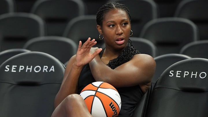 Jun 19, 2025; San Francisco, California, USA; Indiana Fever forward Aliyah Boston (7) sits on the bench before the game against the Golden State Valkyries at Chase Center. Mandatory Credit: Darren Yamashita-Imagn Images