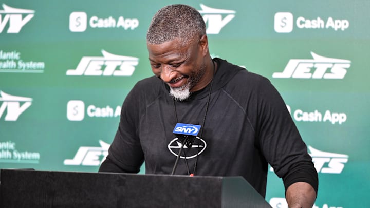 Jun 10, 2025; East Rutherford, NJ, USA; New York Jets head coach Aaron Glenn speaks at a press conference during minicamp at Atlantic Health Jets Training Center. Mandatory Credit: John Jones-Imagn Images