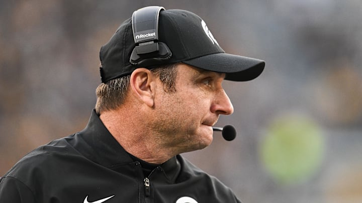 Nov 22, 2025; Iowa City, Iowa, USA; Michigan State Spartans head coach Jonathan Smith looks on during the second quarter against the Iowa Hawkeyes at Kinnick Stadium. Mandatory Credit: Jeffrey Becker-Imagn Images