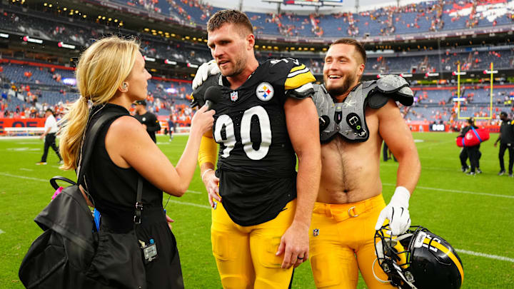 Sep 15, 2024; Denver, Colorado, USA; Pittsburgh Steelers linebackers T.J. Watt (90) and Nick Herbig (51) following the win over the Denver Broncos at Empower Field at Mile High. 