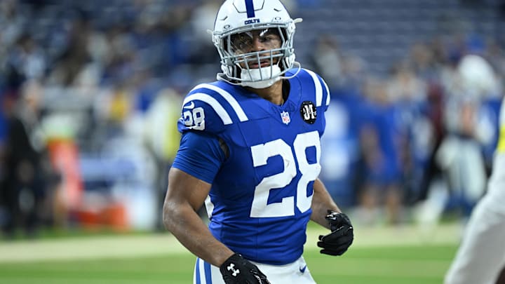 Nov 30, 2025; Indianapolis, Indiana, USA; Indianapolis Colts running back Jonathan Taylor (28) warms up before a game against the Houston Texans at Lucas Oil Stadium. Mandatory Credit: Robert Goddin-Imagn Images