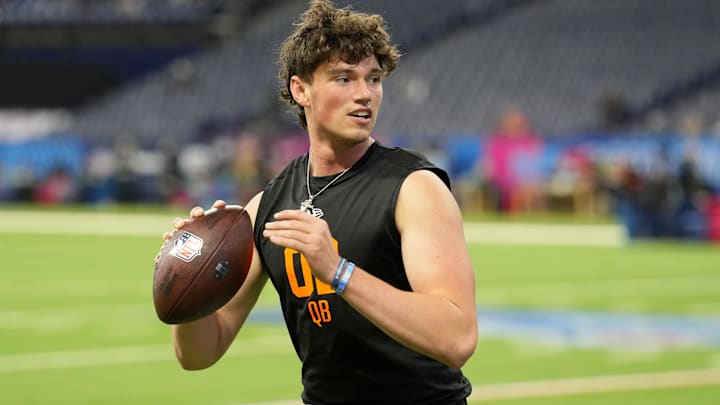Feb 28, 2026; Indianapolis, IN, USA; Penn State quarterback Drew Allar (QB02) during the NFL Scouting Combine at Lucas Oil Stadium. Mandatory Credit: Kirby Lee-Imagn Images