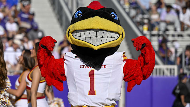 Nov 8, 2025; Fort Worth, Texas, USA; The Iowa State Cyclones mascot poses for a photo during the game against the TCU Horned Frogs at Amon G. Carter Stadium. Mandatory Credit: Jerome Miron-Imagn Images Nov 8, 2025; Fort Worth, Texas, USA; The Iowa State Cyclones mascot poses for a photo during the game against the TCU Horned Frogs at Amon G. Carter Stadium. Mandatory Credit: Jerome Miron-Imagn Images