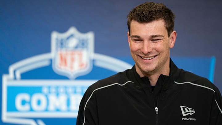 Feb 27, 2026; Indianapolis, IN, USA; Indiana quarterback Fernando Mendoza (QB11) speaks to members of the media during the NFL Combine at the Indiana Convention Center. Mandatory Credit: Jacob Musselman-Imagn Images