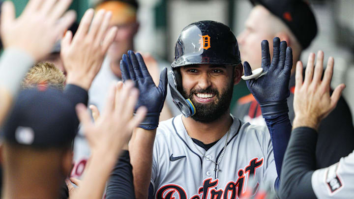 May 30, 2025; Kansas City, Missouri, USA; Detroit Tigers left fielder Riley Greene (31) is congratulated by teammates after after hitting a home run during the first inning against the Kansas City Royals at Kauffman Stadium.