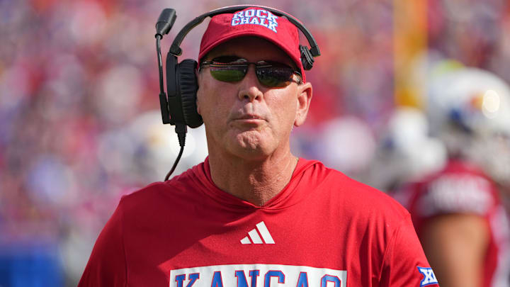 Sep 28, 2024; Kansas City, Missouri, USA; Kansas Jayhawks head coach Lance Leipold on field against the TCU Horned Frogs during the first half at GEHA Field at Arrowhead Stadium. Mandatory Credit: Denny Medley-Imagn Images